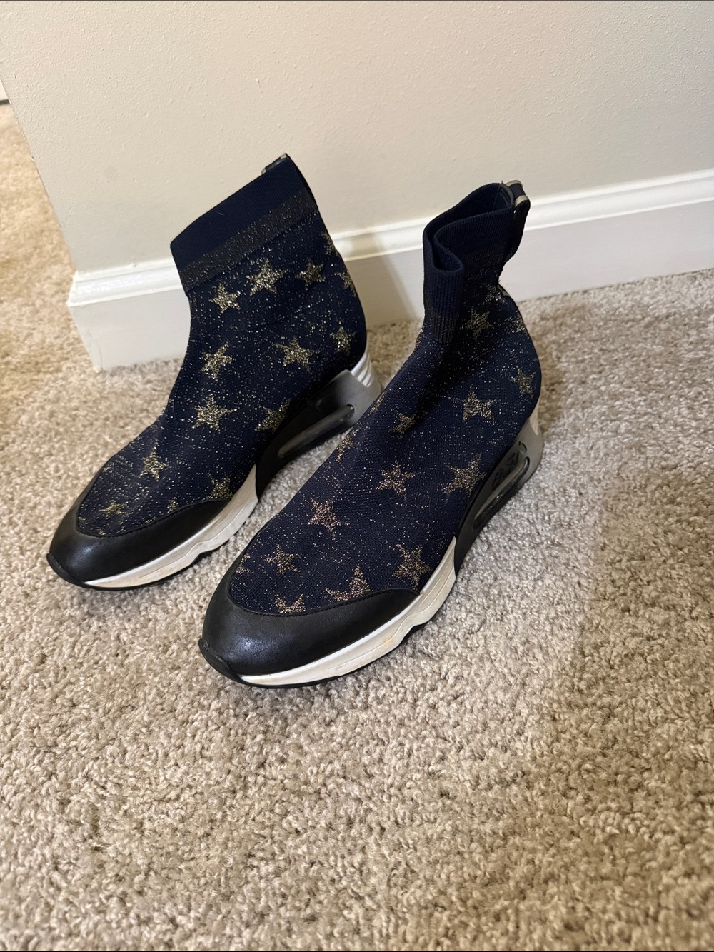 Ash Women’s Navy Knit Star Sock Sneakers with Gold Accents